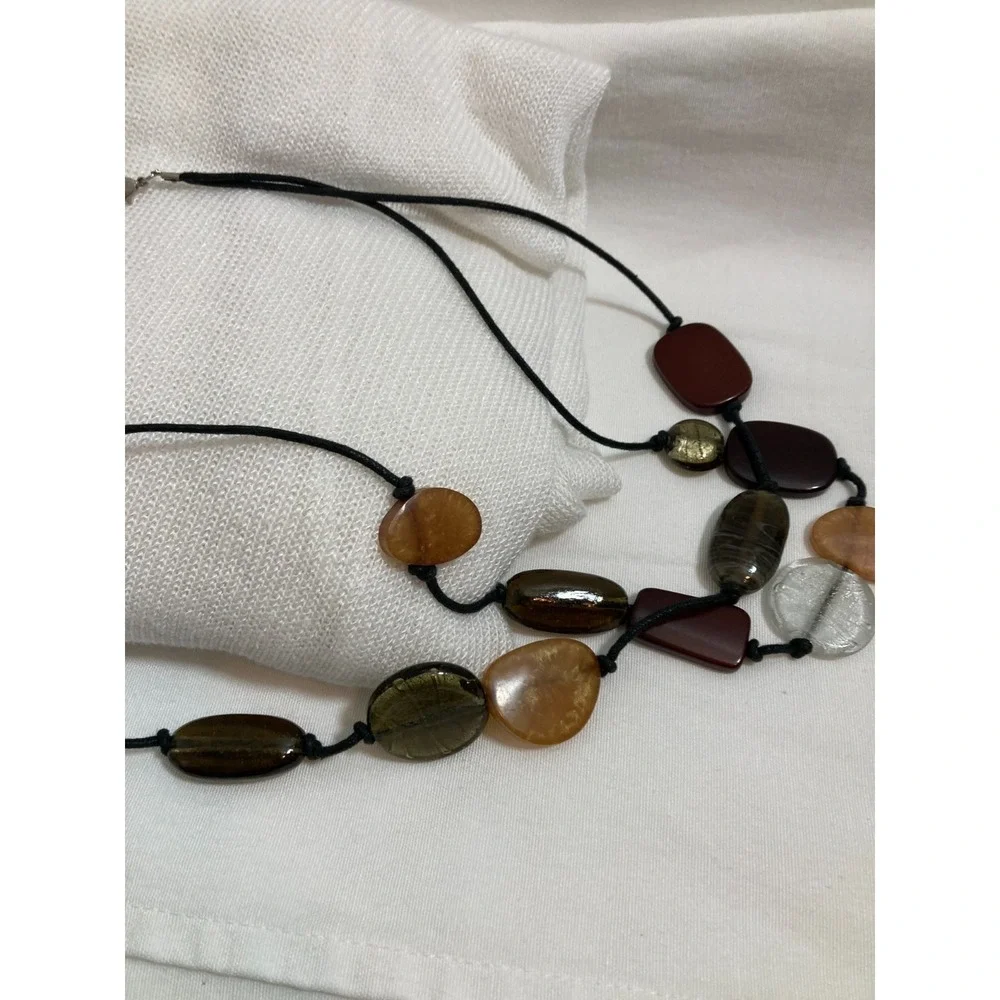 Boho Long Cord Necklace Mixed Resin Beads Artsy Brown Olive Modern Earthy Ethnic
